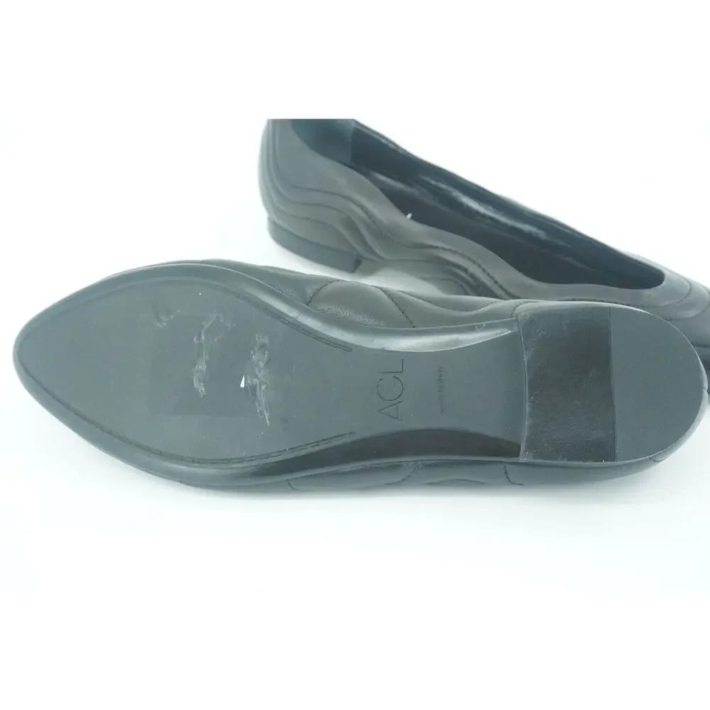 AGL Black Leather Miledy AlmondToe Quilted Ballet Flat SZ 39.5 New $380